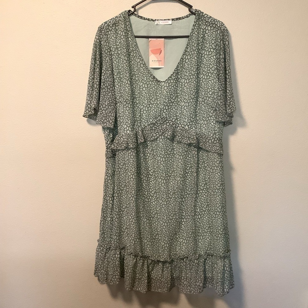 KIRUNDO Sage Green Leopard Print Tiered Ruffle Dress XL Flutter Sleeve‎ V Neck